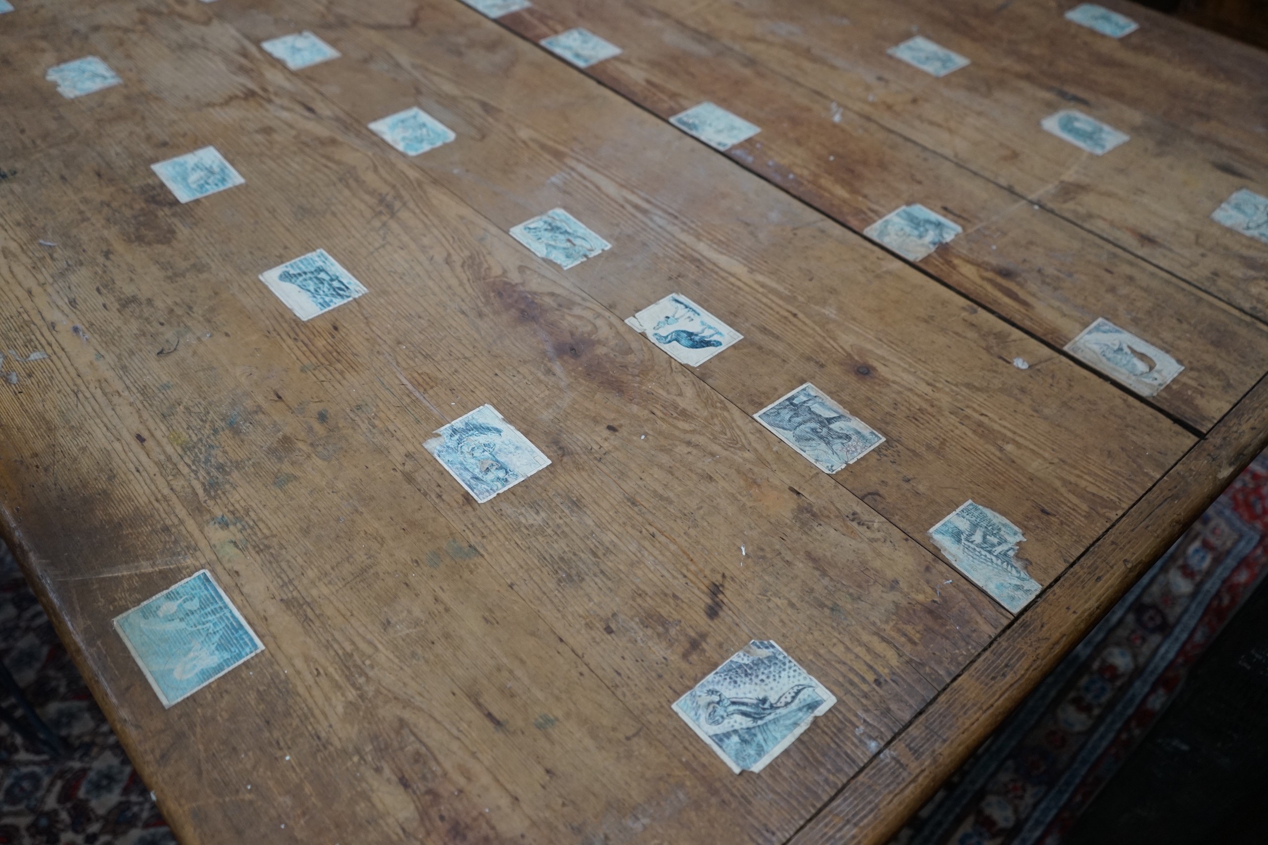 A mid Victorian rectangular pine kitchen table, length 214cm, width 121cm, height 72cm